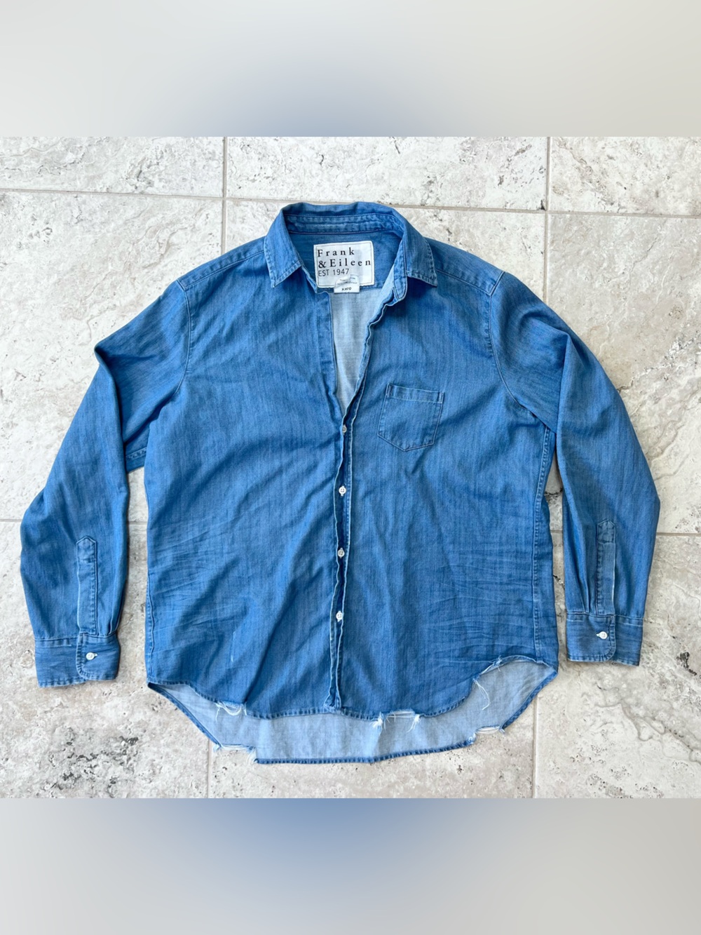 Frank & Eileen Barry Long Sleeved Distressed Hem Denim Blue Button-Up Shirt, M - Picture 2 of 11
